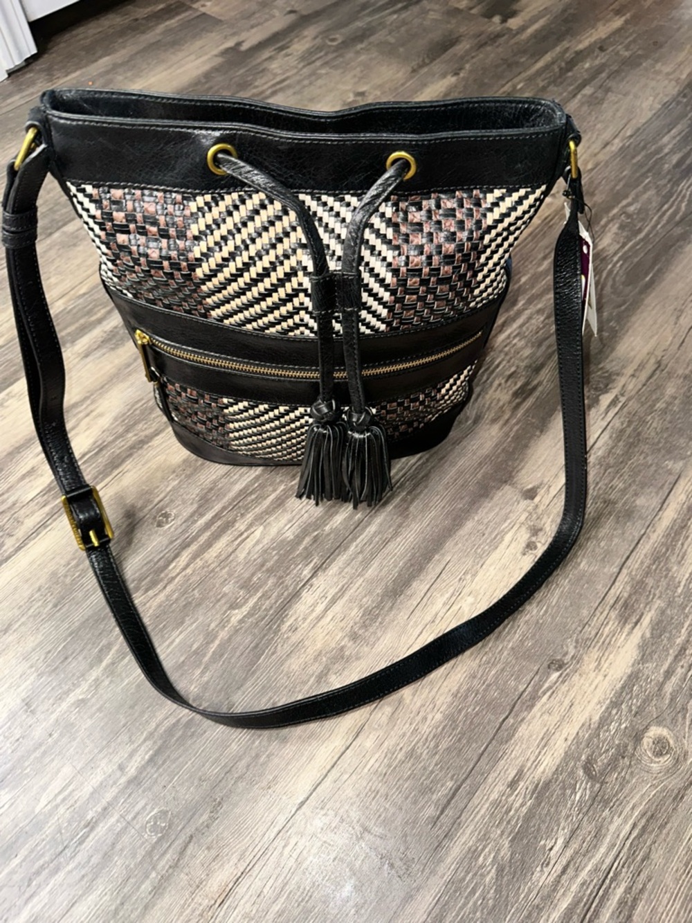 Elliott Lucca Bali 89 Woven Leather Bucket Bag Crossbody Tassel NWT